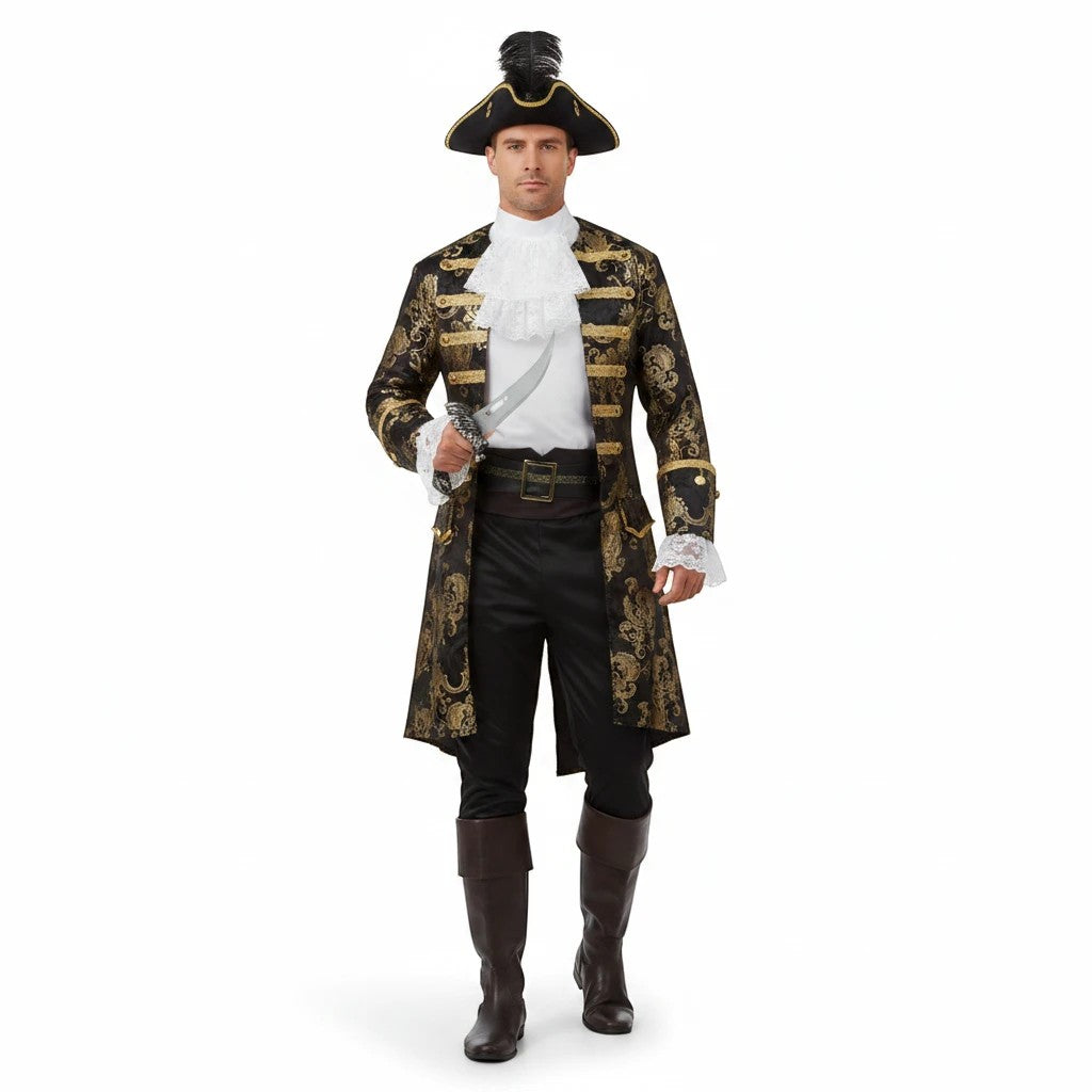 Sea Dragon Dreams French Pirate Captain Jacket in black and gold with a white lace jabot and tricorn hat.