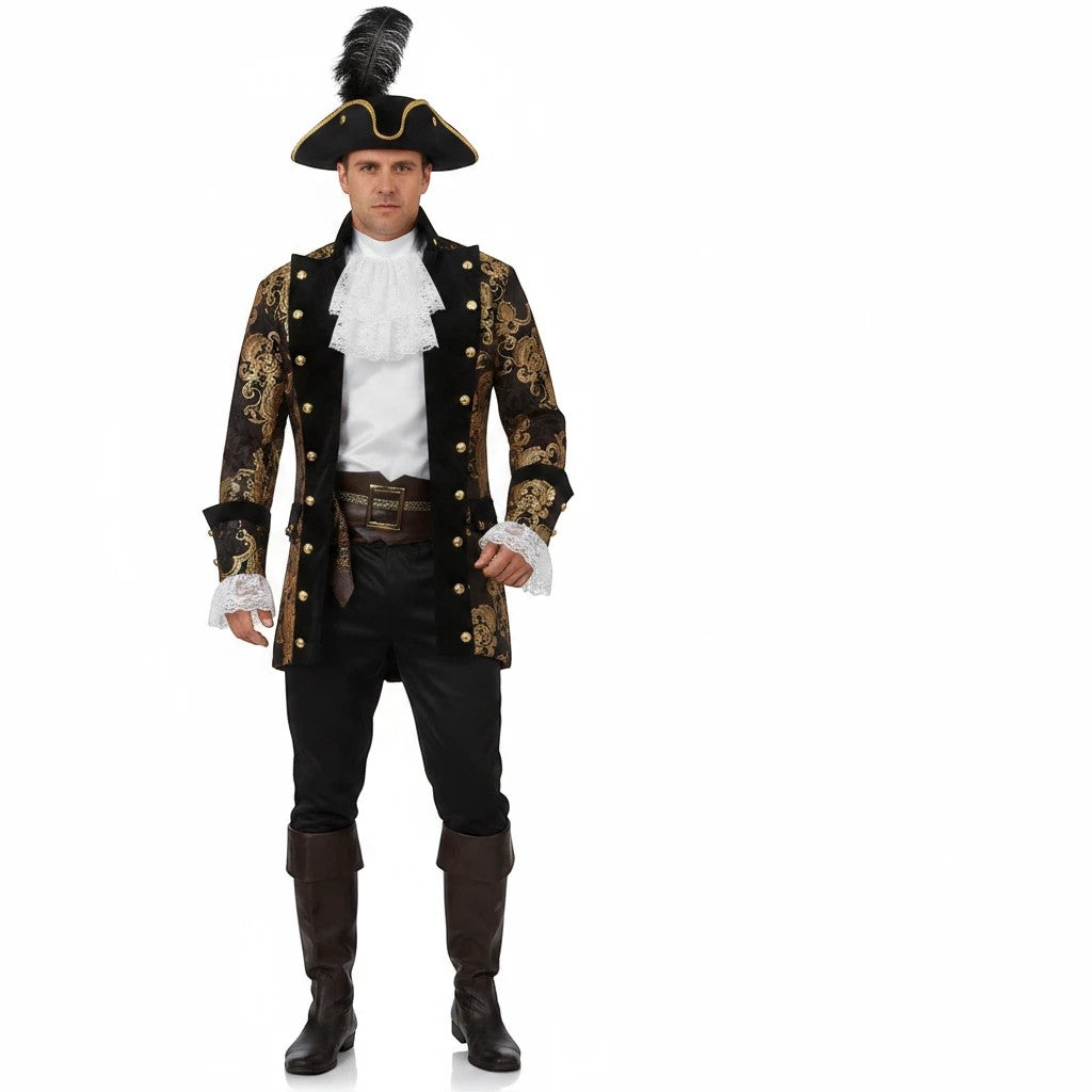 Sea Dragon Dreams French Pirate Captain Jacket in black and gold brocade with a tricorn hat and white lace jabot.