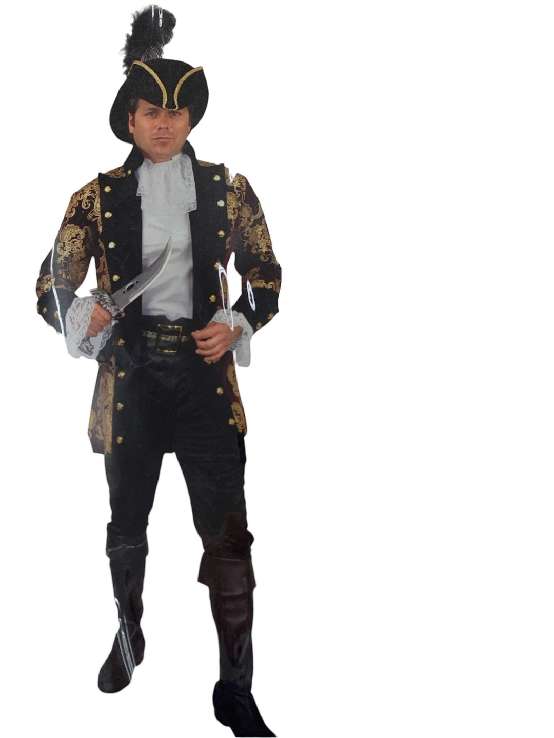 Sea Dragon Dreams French Pirate Captain Jacket in black and gold brocade with a tricorn hat and white lace ruffles.
