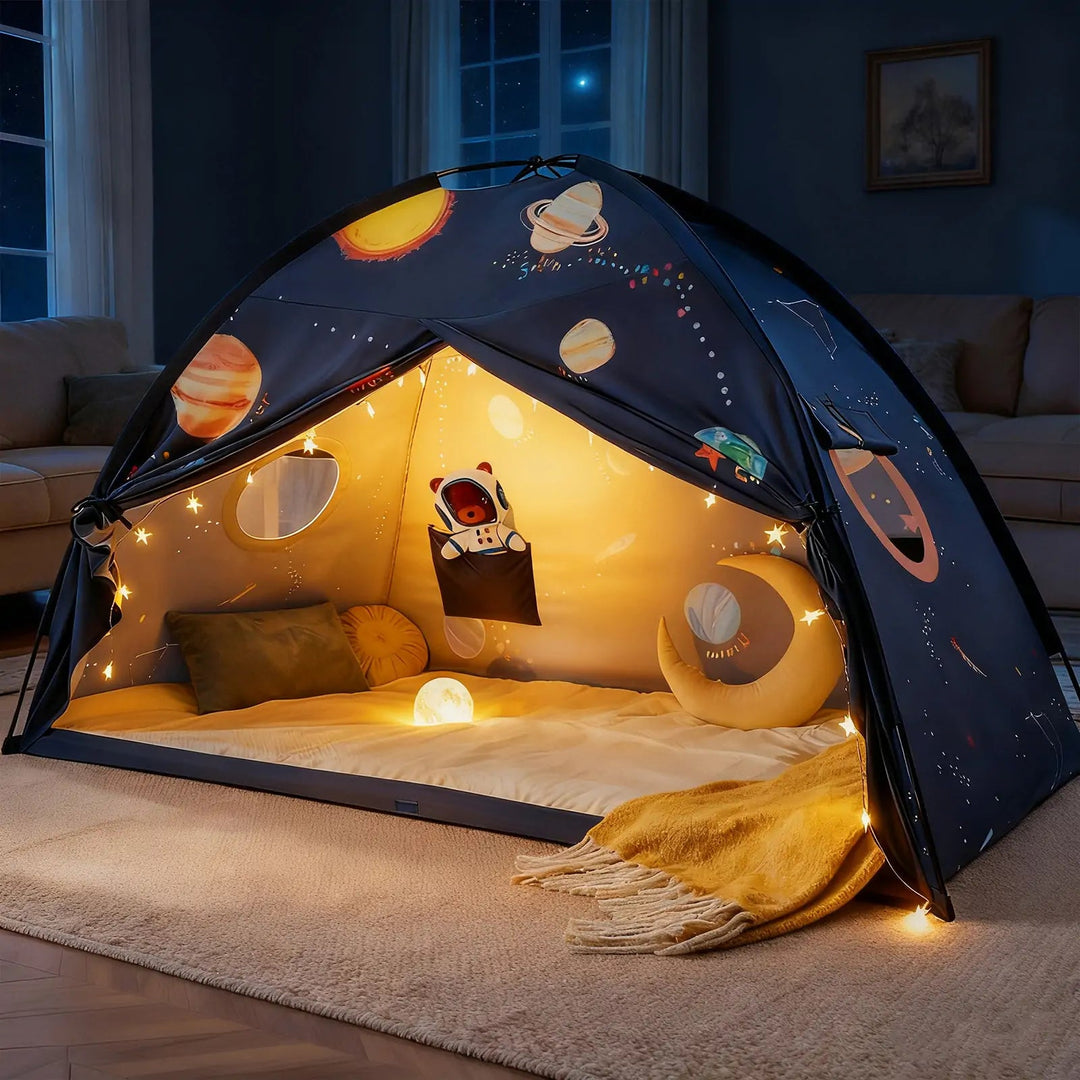 Sea Dragon Dreams galaxy-themed kids bed tent with glowing string lights, astronaut decor, and cozy interior space.