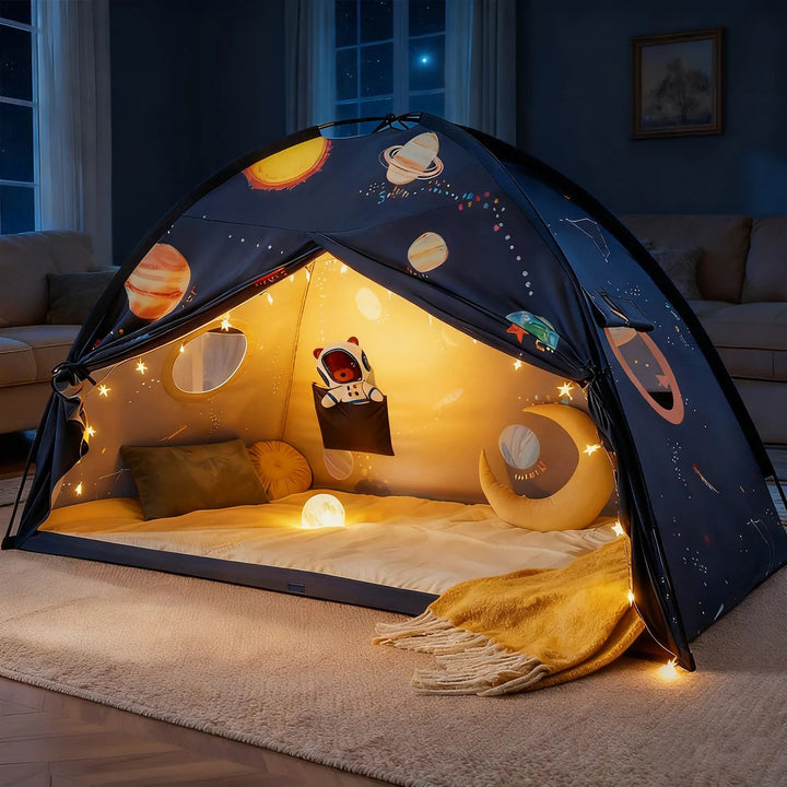 Sea Dragon Dreams galaxy-themed kids bed tent with glowing string lights, astronaut decor, and cozy interior space.
