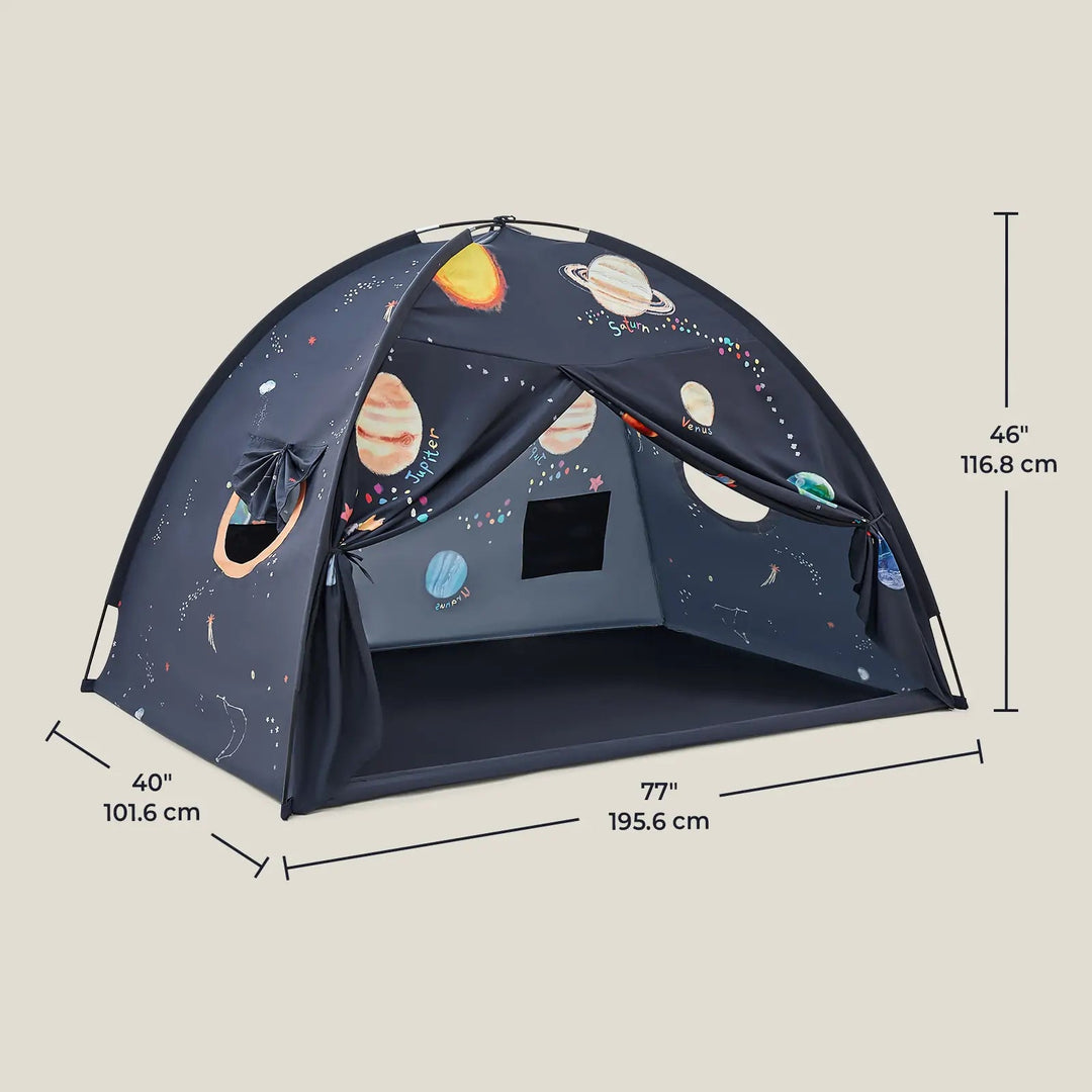 Sea Dragon Dreams galaxy-themed kids bed tent with planets and stars, featuring breathable windows and tie-back doors.