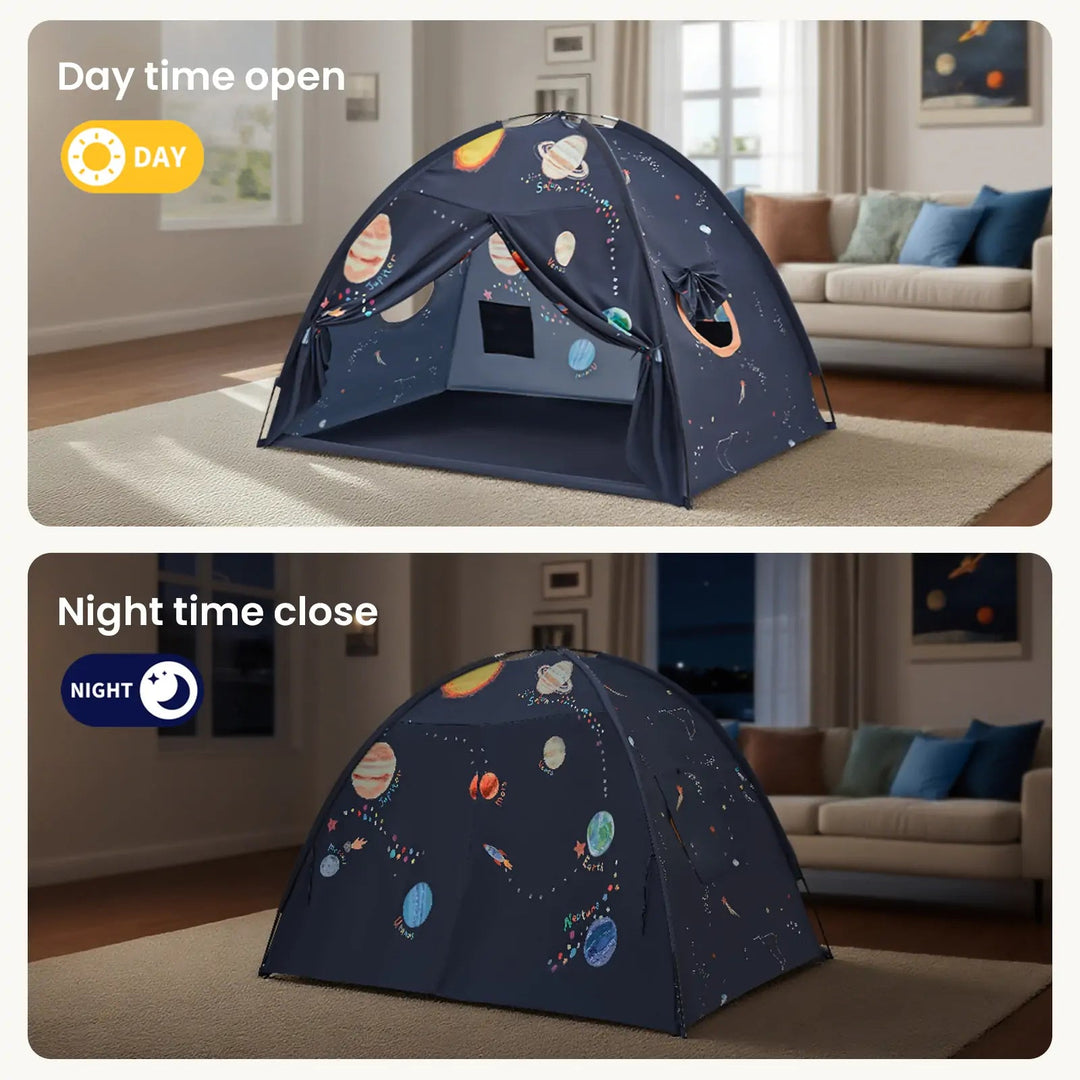 Sea Dragon Dreams galaxy-themed kids bed tent with starry space print, shown in open and closed configurations.
