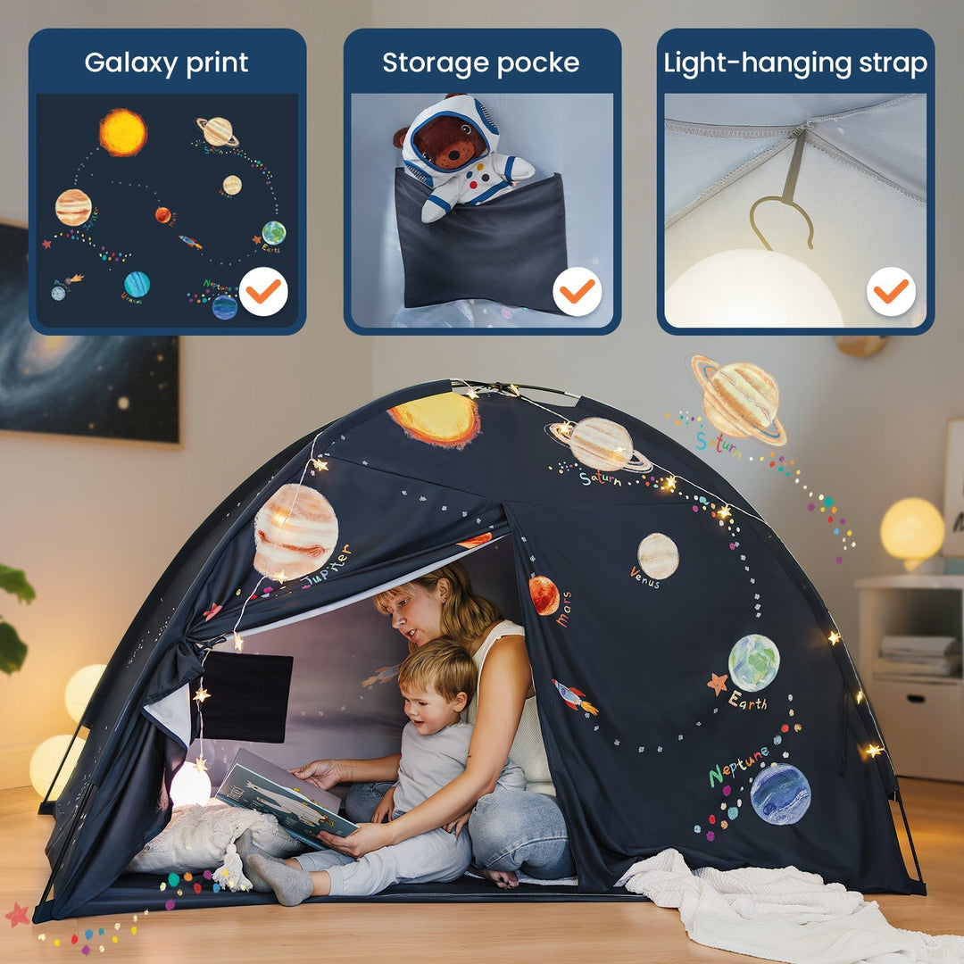 Sea Dragon Dreams galaxy-print kids bed tent with interior storage pocket, light-hanging strap, and reading mother-son