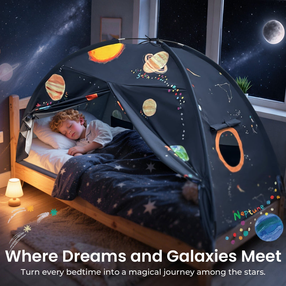 Sea Dragon Dreams galaxy-themed kids bed tent with planets and stars, creating a cozy sleeping space for a child.