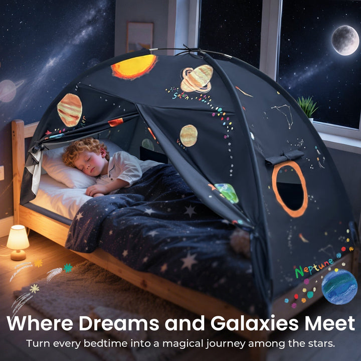 Sea Dragon Dreams galaxy-themed kids bed tent with planets and stars, creating a cozy sleeping space for a child.