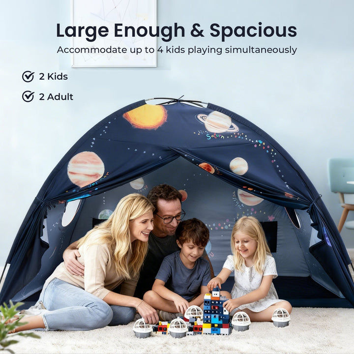 Sea Dragon Dreams galaxy-themed kids bed tent with parents and children playing inside on a soft rug