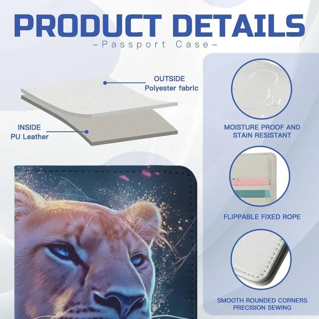Sea Dragon Dreams galaxy lion passport holder featuring durable polyester exterior, PU leather interior, and card slots.
