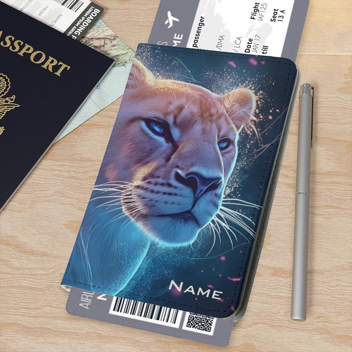 Sea Dragon Dreams personalized passport holder featuring a majestic lioness with a glowing galaxy aura on PU leather.