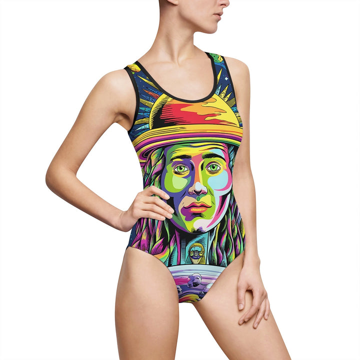 Sea Dragon Dreams one-piece swimsuit featuring a vibrant, colorful galaxy-inspired portrait print on stretch fabric.
