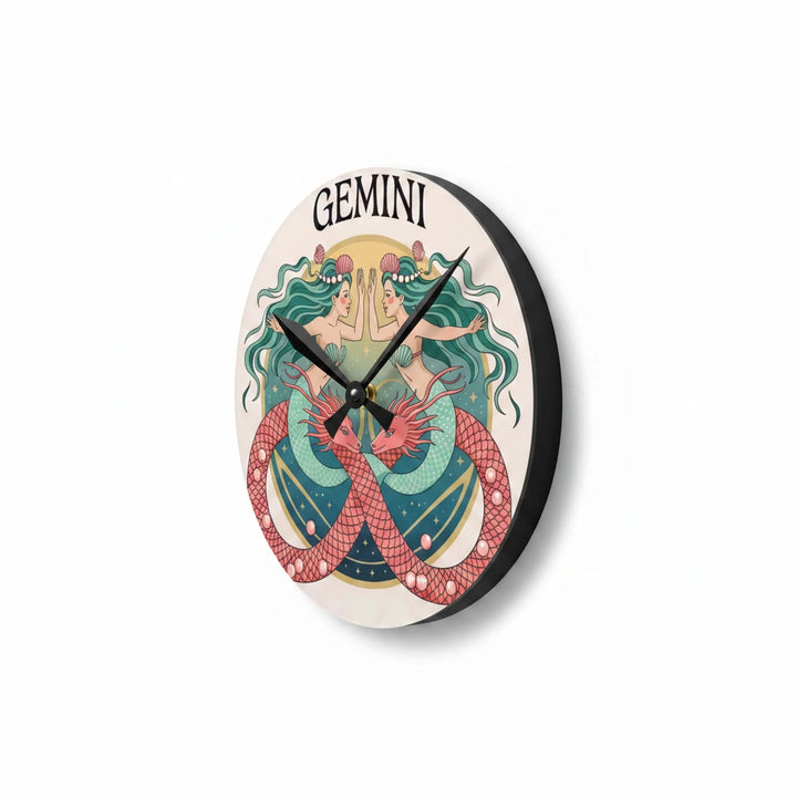 Sea Dragon Dreams Gemini mermaid acrylic wall clock with a glossy round face and celestial twin mermaid illustration.