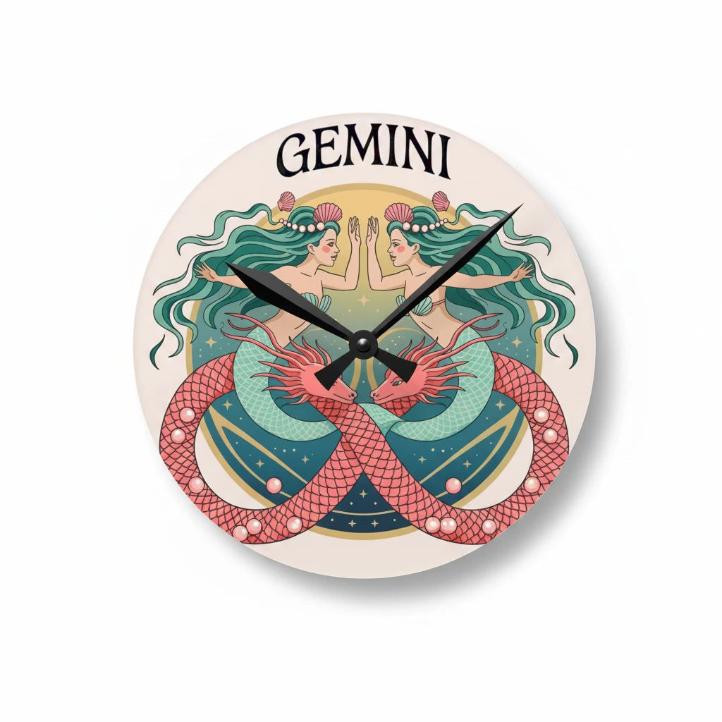 Sea Dragon Dreams round acrylic wall clock featuring a colorful Gemini twin mermaid illustration on a glossy face.