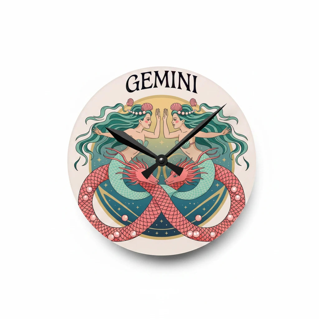 Sea Dragon Dreams round acrylic wall clock featuring a colorful Gemini twin mermaid illustration on a glossy face.