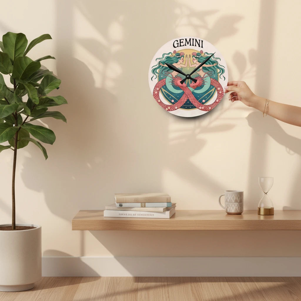 Sea Dragon Dreams round acrylic wall clock featuring a colorful Gemini twin mermaid illustration on a neutral wall.