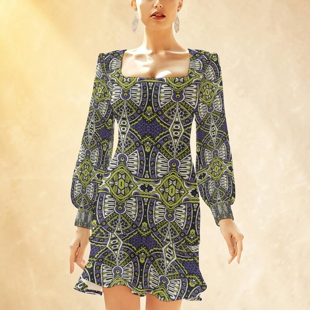 Sea Dragon Dreams bodycon dress with long sleeves, square neckline, and geometric pattern in purple and lime green.