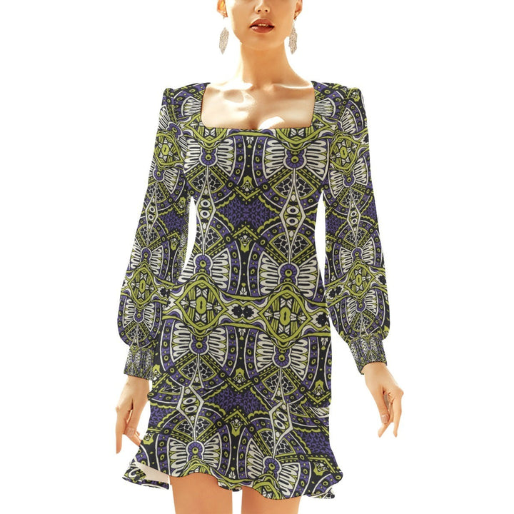 Sea Dragon Dreams bodycon dress with long sleeves, square neckline, and ruffled hem in a purple and lime geometric print.