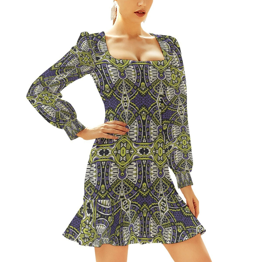 Sea Dragon Dreams bodycon dress with long sleeves, square neckline, and ruffled hem in a purple and green geometric print.