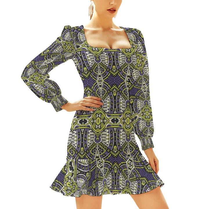Sea Dragon Dreams bodycon dress with long sleeves, square neckline, and ruffled hem in a purple and green geometric print.