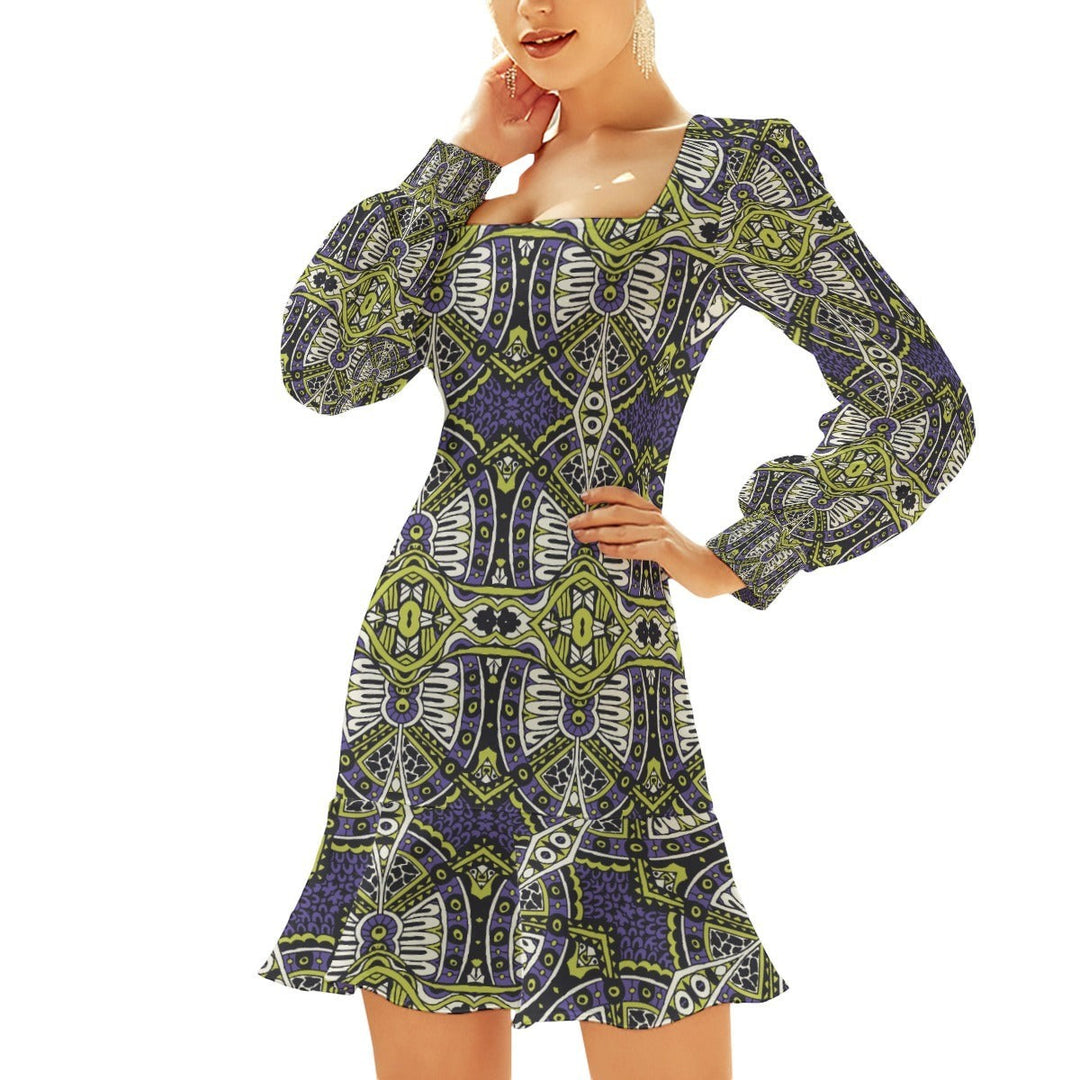 Sea Dragon Dreams bodycon dress with long sleeves, square neckline, and ruffled hem in a purple and lime geometric print.