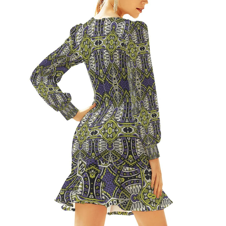 Sea Dragon Dreams bodycon dress with long sleeves, ruffled hem, and artistic geometric pattern in purple and lime green.