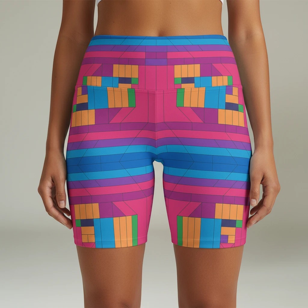 Sea Dragon Dreams women's workout shorts in vibrant geometric multi-color polyester with a high-waisted fit.