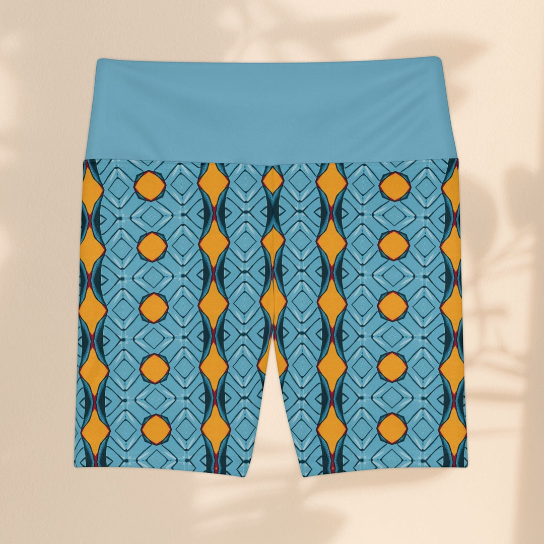 Sea Dragon Dreams women's workout shorts with a blue and orange geometric diamond pattern and high waistband.