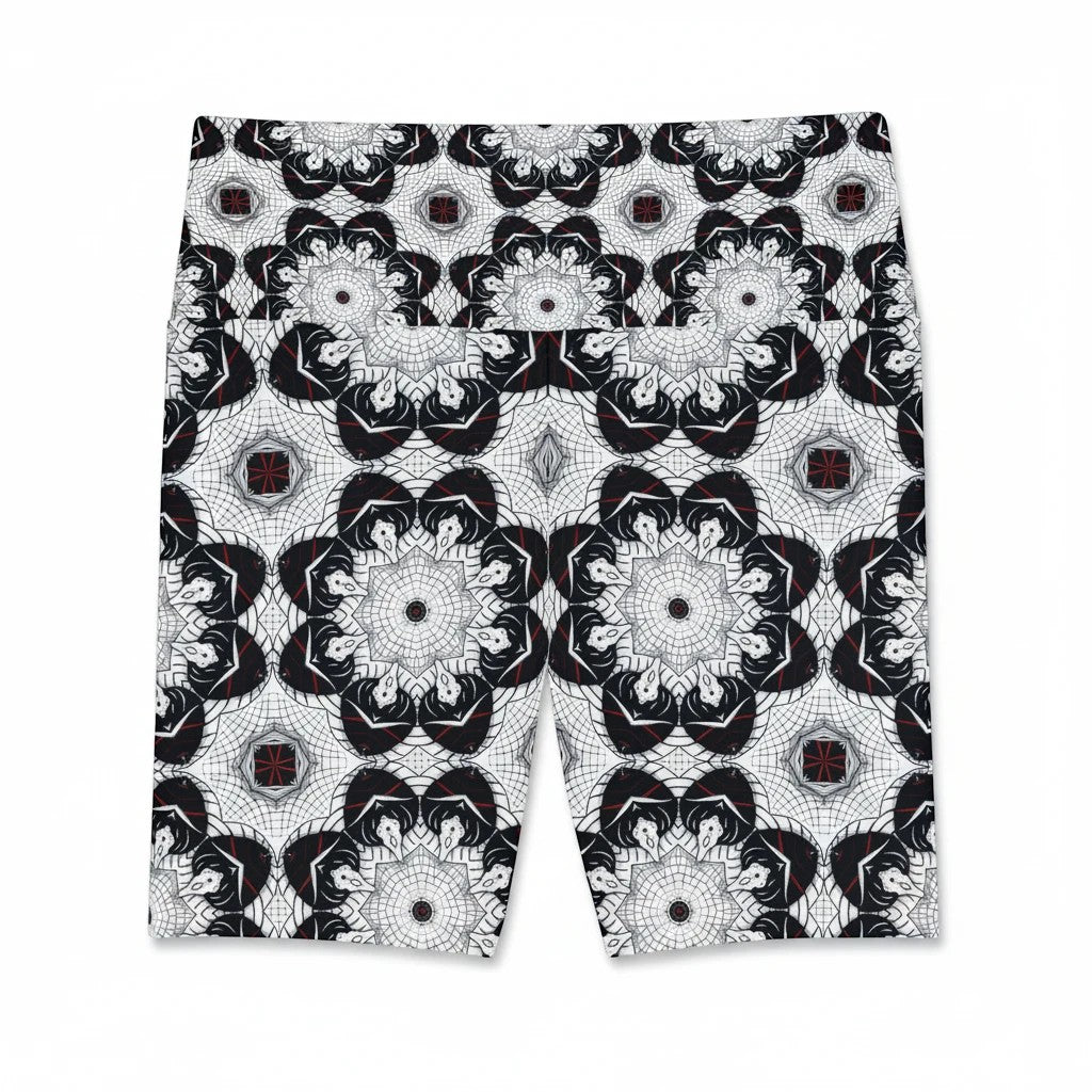 Sea Dragon Dreams workout shorts featuring a black and white geometric mandala pattern in durable polyester fabric.
