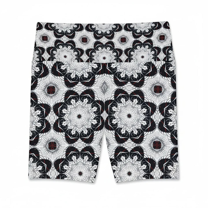 Sea Dragon Dreams workout shorts featuring a black and white geometric mandala pattern in durable polyester fabric.