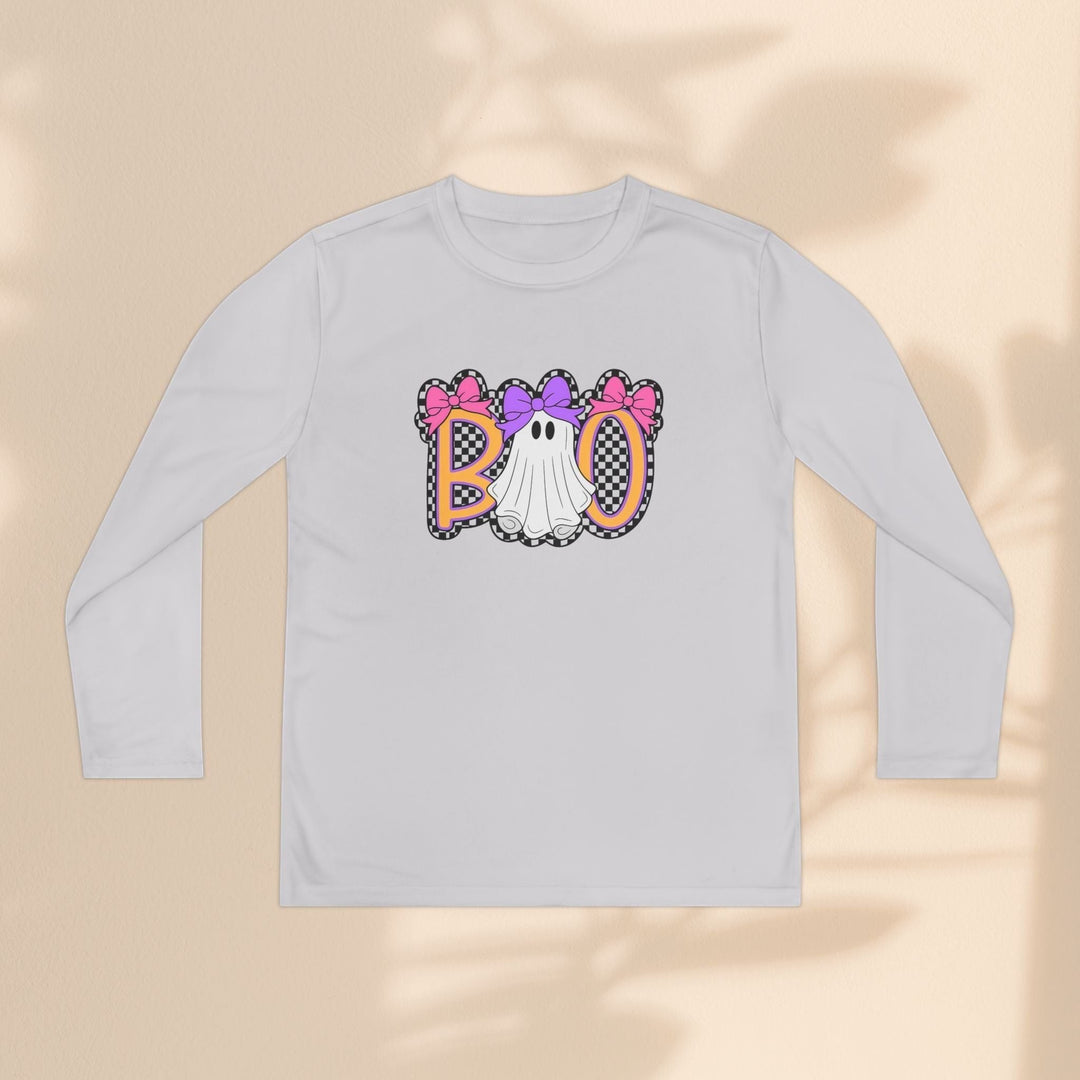 Sea Dragon Dreams kids long sleeve Halloween shirt with a ghost Boo graphic and colorful bows on a light grey tee