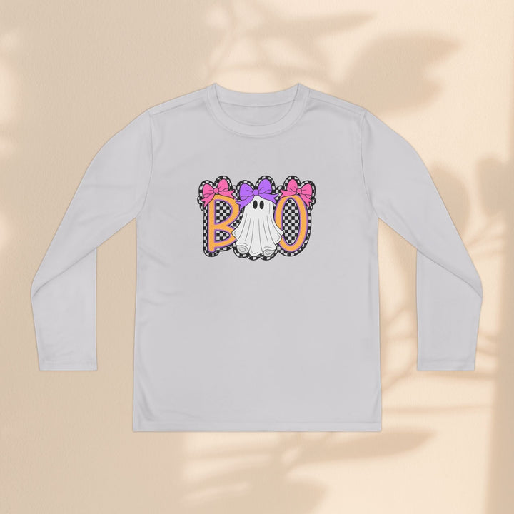 Sea Dragon Dreams kids long sleeve Halloween shirt with a ghost Boo graphic and colorful bows on a light grey tee