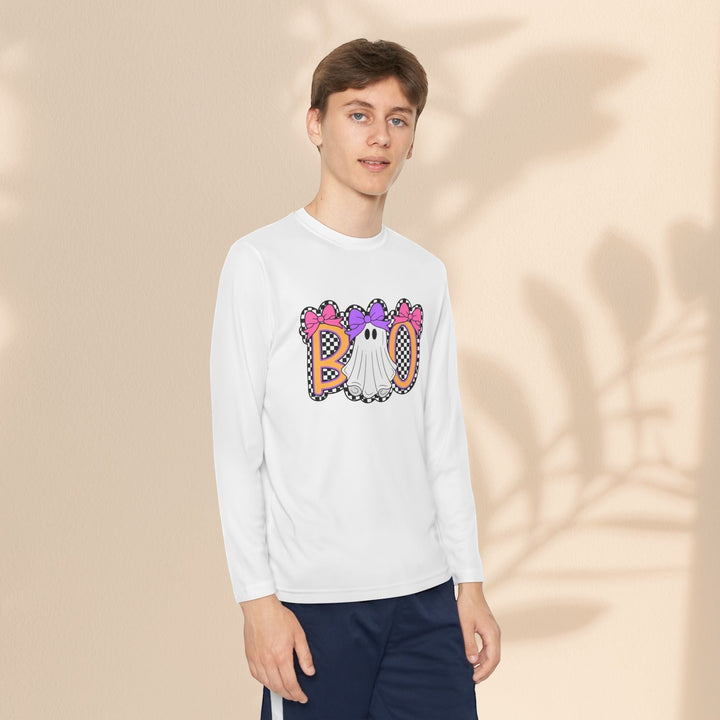 Sea Dragon Dreams youth long sleeve white Halloween shirt with a ghost Boo graphic featuring pink bows