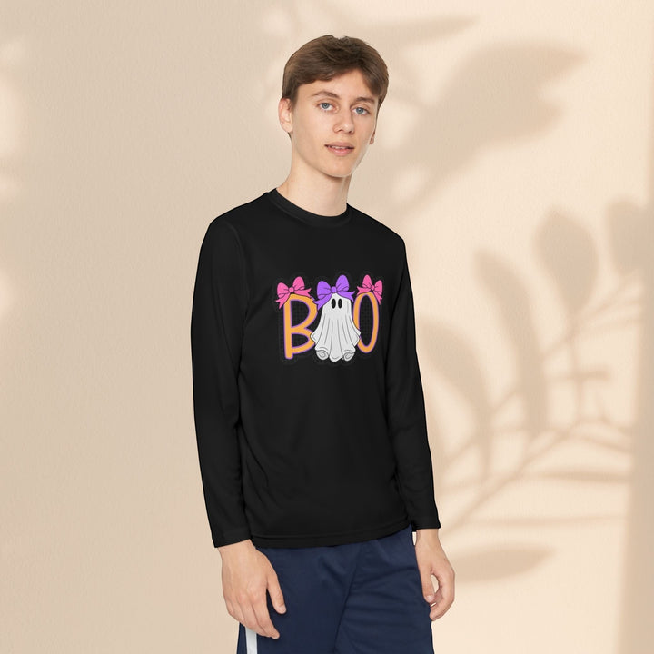 Sea Dragon Dreams youth long sleeve black shirt with a ghost Boo graphic featuring pink and purple bows