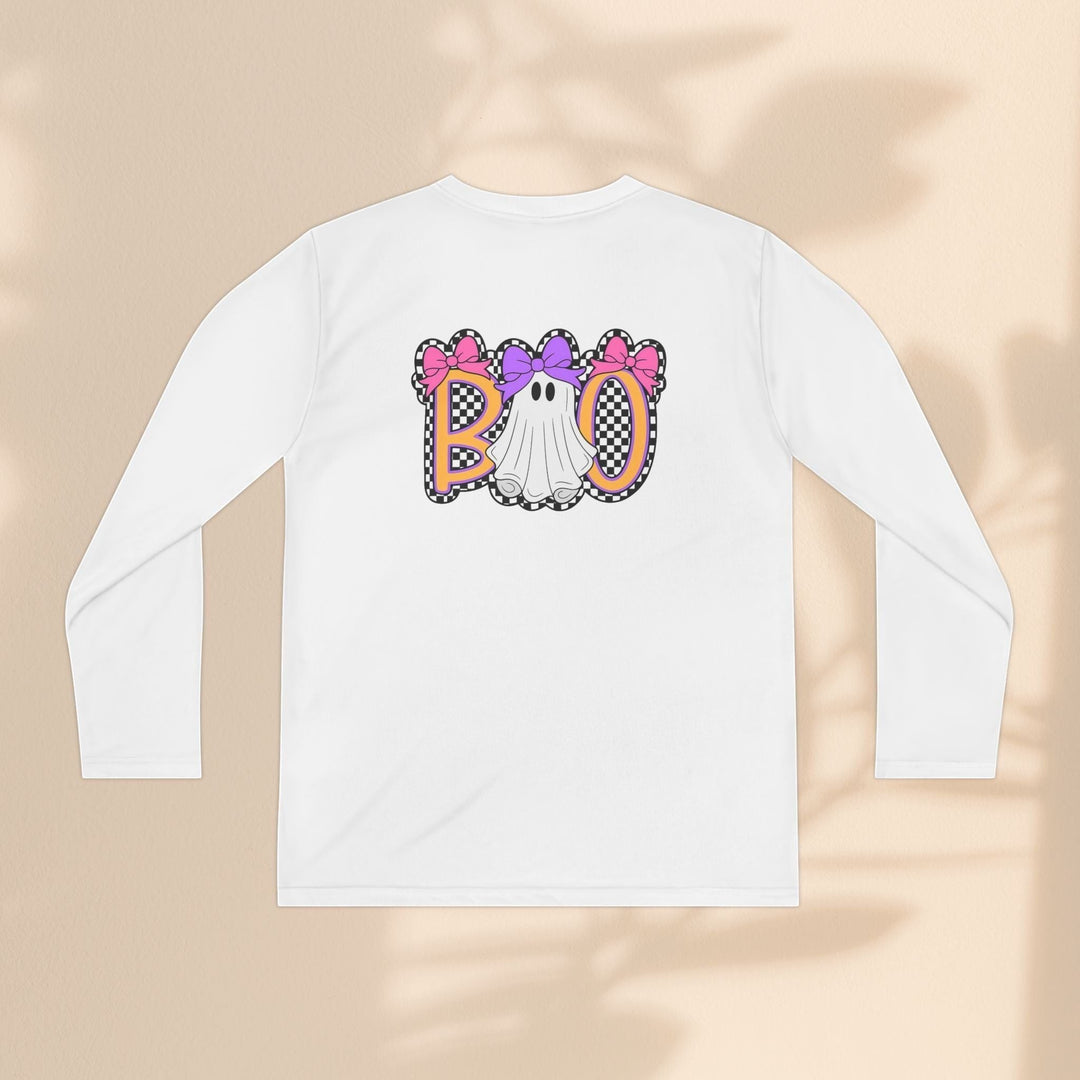 Sea Dragon Dreams white long sleeve youth shirt with a ghost Boo graphic featuring pink and purple bows on a beige background