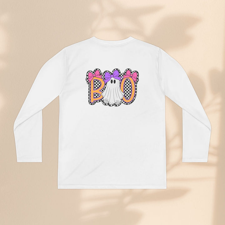 Sea Dragon Dreams white long sleeve youth shirt with a ghost Boo graphic featuring pink and purple bows on a beige background