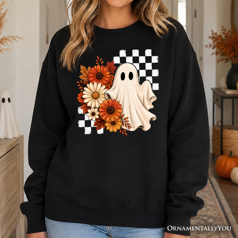 Sea Dragon Dreams black sweatshirt featuring a vintage ghost, checkered pattern, and autumn flowers for Halloween.