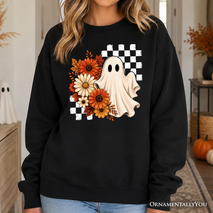 Sea Dragon Dreams black sweatshirt featuring a vintage ghost, checkered pattern, and autumn flowers for Halloween.