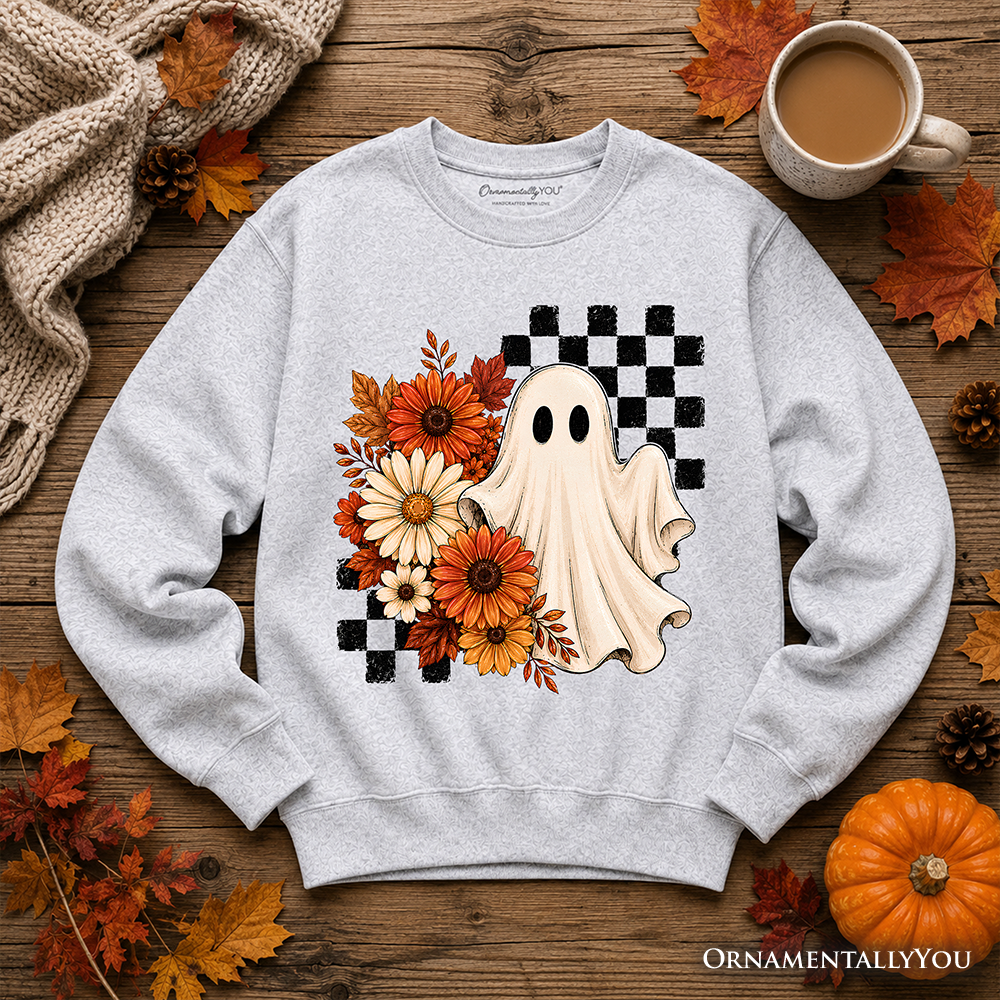 Sea Dragon Dreams grey sweatshirt featuring a friendly ghost, autumn flowers, and a black and white checkered pattern.