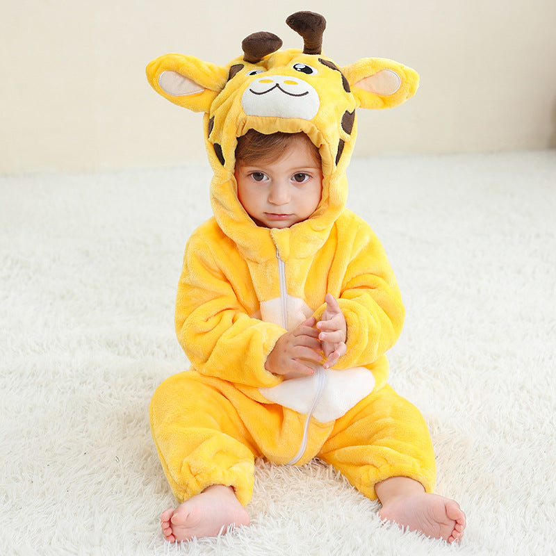 Sea Dragon Dreams baby wearing a soft yellow giraffe flannel onesie with an attached animal hood for costume play.