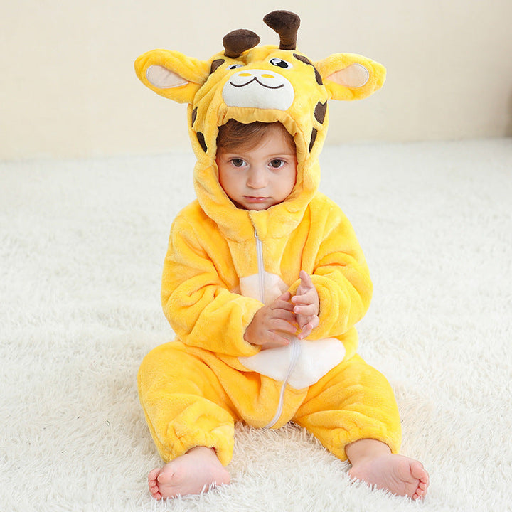 Sea Dragon Dreams baby wearing a soft yellow giraffe flannel onesie with an attached animal hood for costume play.