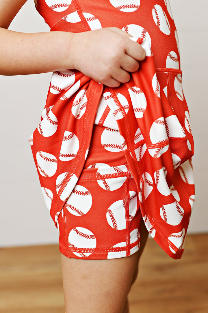 Sea Dragon Dreams girls red baseball print athletic twirl dress showing built-in shorts for active play