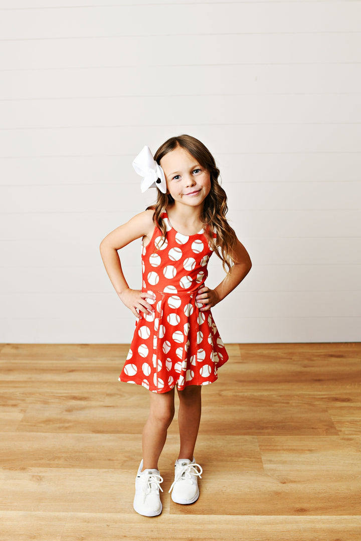 Sea Dragon Dreams girls red baseball print athletic twirl dress with built-in shorts and white hair bow