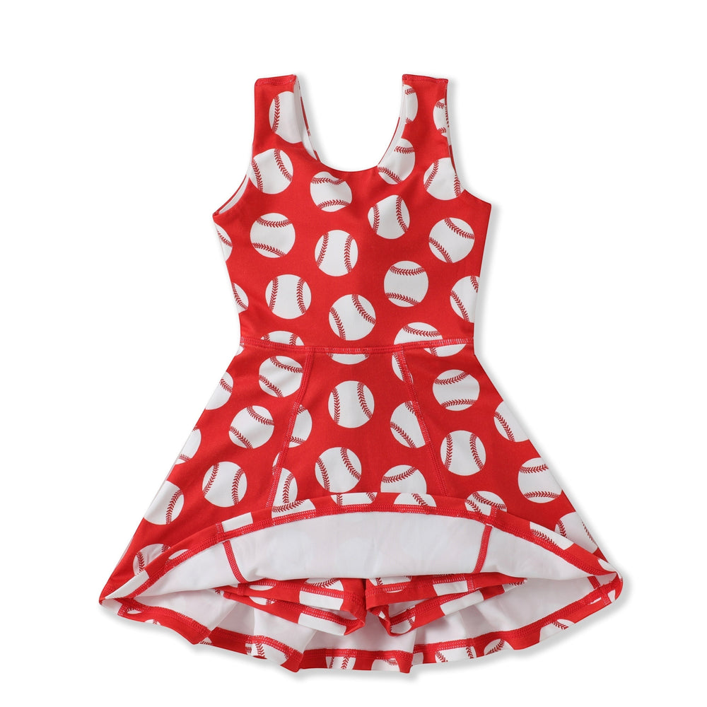 Sea Dragon Dreams girls red athletic twirl dress with white baseball print and built-in shorts for game day