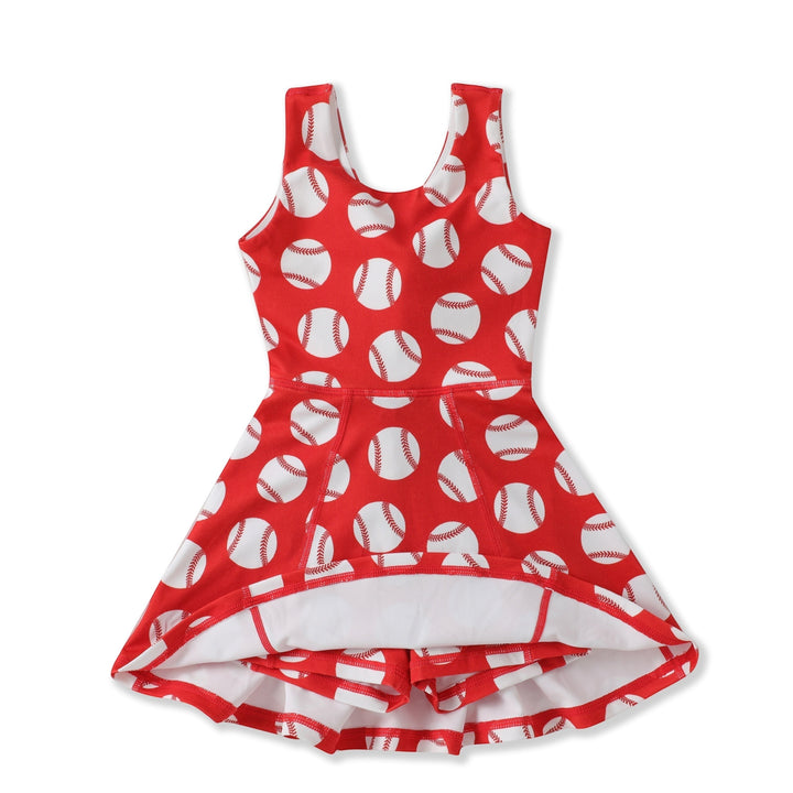Sea Dragon Dreams girls red athletic twirl dress with white baseball print and built-in shorts for game day