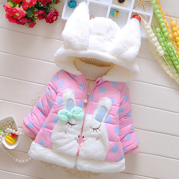Sea Dragon Dreams girls pink polka-dot padded winter coat with a white faux fur bunny hood and front bunny applique