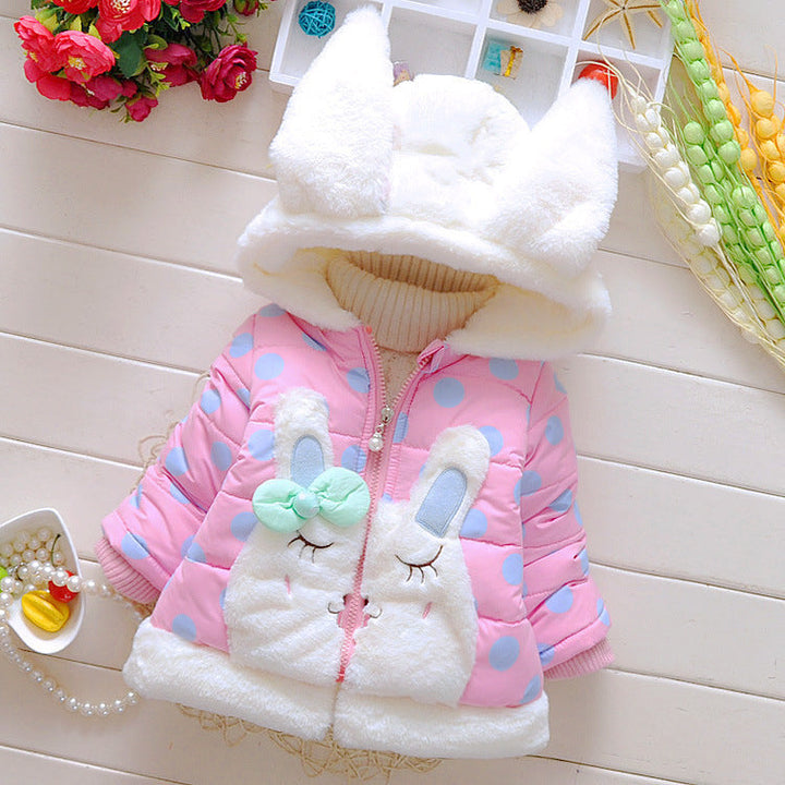 Sea Dragon Dreams girls pink polka-dot padded winter coat with a white faux fur bunny hood and front bunny applique