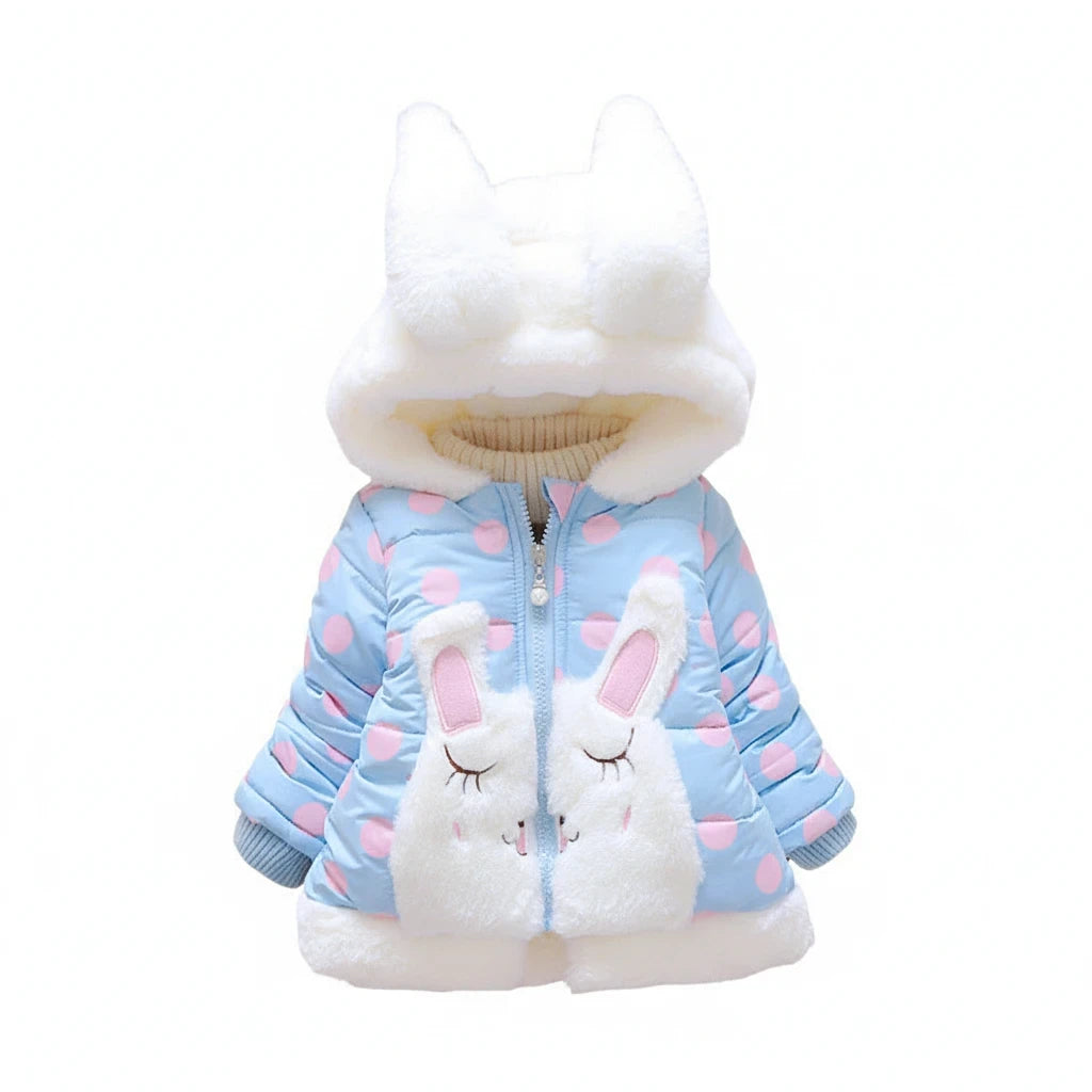 Sea Dragon Dreams girls' light blue padded winter coat with pink polka dots, bunny face detail, and fuzzy hood ears.