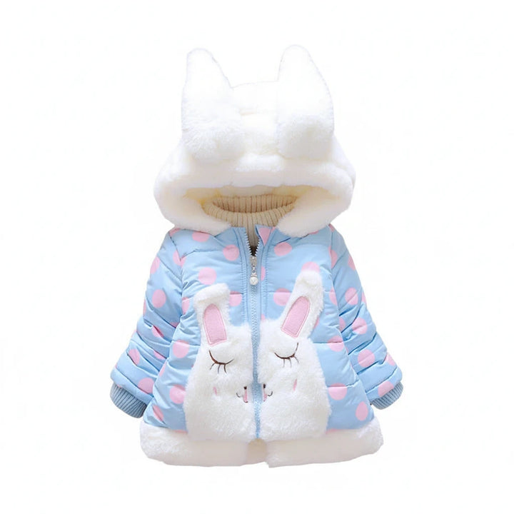 Sea Dragon Dreams girls' light blue padded winter coat with pink polka dots, bunny face detail, and fuzzy hood ears.