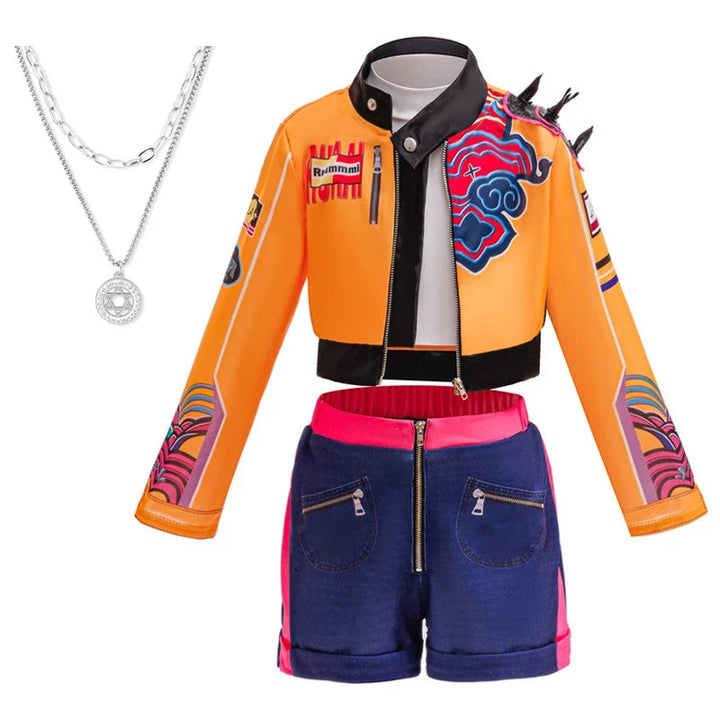Sea Dragon Dreams girls' cosplay costume featuring an orange cropped jacket with graphic patches and blue denim shorts.