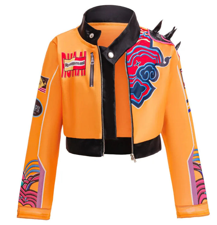 Sea Dragon Dreams girls' orange cosplay jacket with black collar, graphic patches, and shoulder spikes for costumes.
