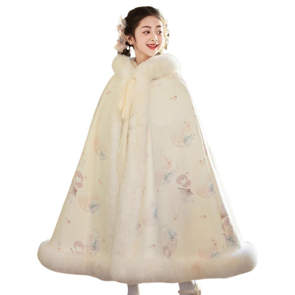 Sea Dragon Dreams girls' cream quilted velvet hooded cloak with faux fur trim and delicate floral print for holidays
